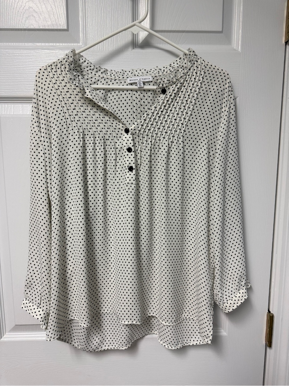 Madison Park White Blouse with Black Polka Dots and Pintuck Front